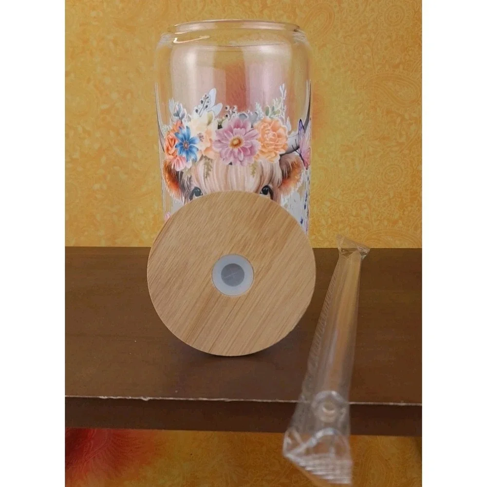Midland Brown Cow With Wildflowers 12oz Frosted Glass Tumbler With Straw‎